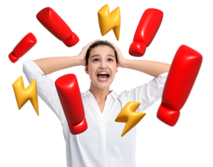 A woman in a white shirt holding her head, surrounded by red exclamation marks and yellow lightning bolts on a clean white background, concept of stress