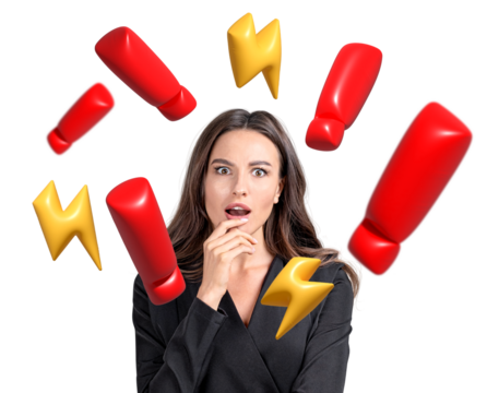 A surprised woman with hand on chin, surrounded by floating red exclamation marks and yellow lightning symbols, isolated on a white background - Powered by Adobe