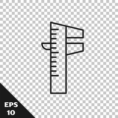 Black line Calliper or caliper and scale icon isolated on transparent background. Precision measuring tools. Vector