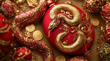 Fototapeta premium A vibrant arrangement featuring a golden dragon entwined around a red egg, surrounded by ornate decorations and gold coins.