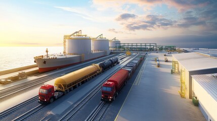 Industrial Port with Cargo Ships and Freight Trucks