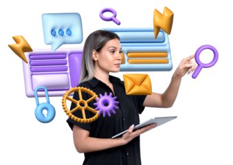A woman holding a tablet interacts with vibrant 3D icons, including gears, chat bubbles, and search symbols, on an isolated white background. Concept of digital technology