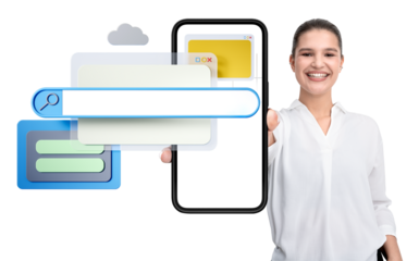 Smiling woman holding smartphone with search bar, cloud, and interface elements, isolated on white background. Concept of online search