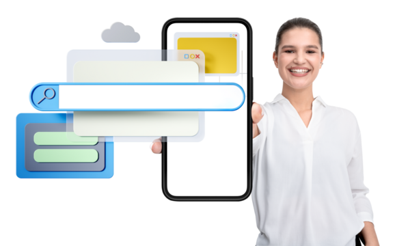 Smiling woman holding smartphone with search bar, cloud, and interface elements, isolated on white background. Concept of online search