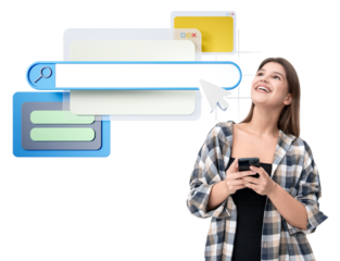 Smiling woman holding smartphone, surrounded by colorful digital interface elements including a search bar and cursor. Isolated white background