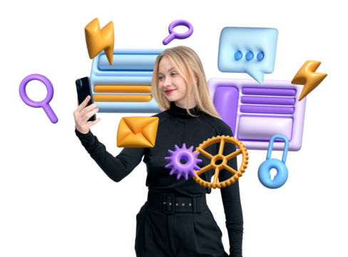 A woman holding a smartphone, surrounded by 3D icons like chat bubbles, gears, lightning bolts, and locks, on a white background, symbolizing technology