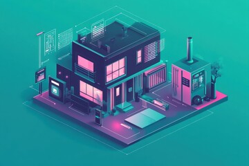 A digital illustration of a modern house with vibrant colors and details.