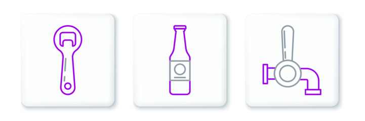 Set line Beer tap, Bottle opener and bottle icon. Vector