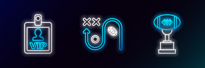 Set line Award cup and American football ball, VIP badge and Planning strategy concept icon. Glowing neon. Vector
