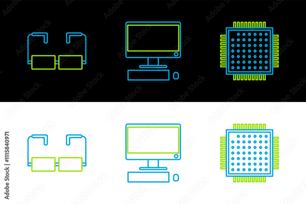 Poster set line processor, glasses and computer monitor with keyboard and mouse icon. vector