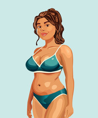 Plus size woman in bikini before losing weight. Body positive lady with long hair in swimsuit isolated flat cartoon. Vector overweight sexy smiling girl, pretty female in summer swimwear.