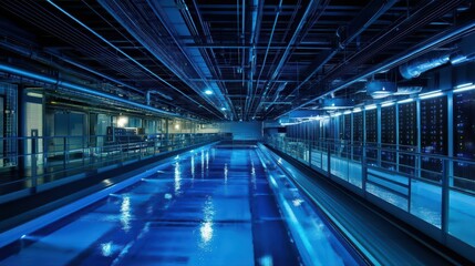 A modern indoor swimming pool illuminated with blue lighting.