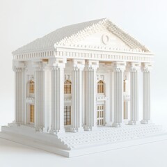 Obraz premium Modern Voxel Art Bank Building with Sleek Columns on White Background, Photorealistic Architecture Design