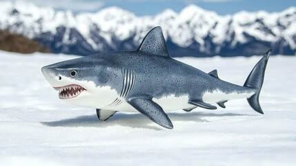 Fototapeta premium Great White Shark Model Snow Background Wildlife Ocean Predator Marine Animal Nature