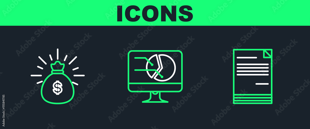 Poster set line document, money bag and computer monitor with graph chart icon. vector