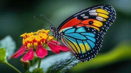 Obraz premium A colorful butterfly with vibrant wings sits on a pink flower, its proboscis extended to sip nectar.