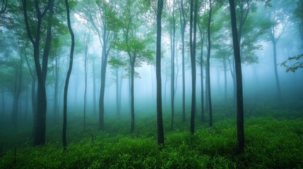 A dense forest shrouded in a thick mist, with tall trees and a lush green undergrowth.