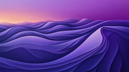 Fototapeta premium Abstract landscape with purple waves and orange sunset, surreal art concept