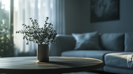 Fototapeta premium Small Plant Vase on Wooden Coffee Table in Living Room