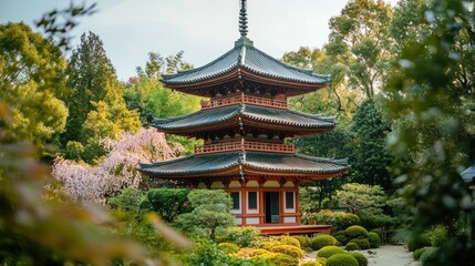 Japanese Pagoda Surrounded By Lush Green Trees And Blossoms