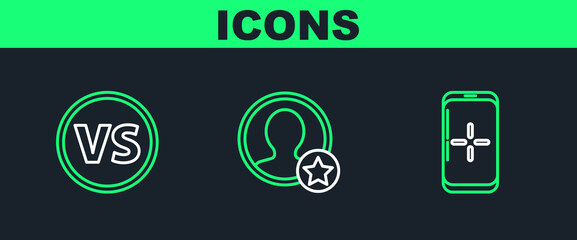 Set line Smartphone and playing in game, VS Versus battle and Premium create account screen icon. Vector