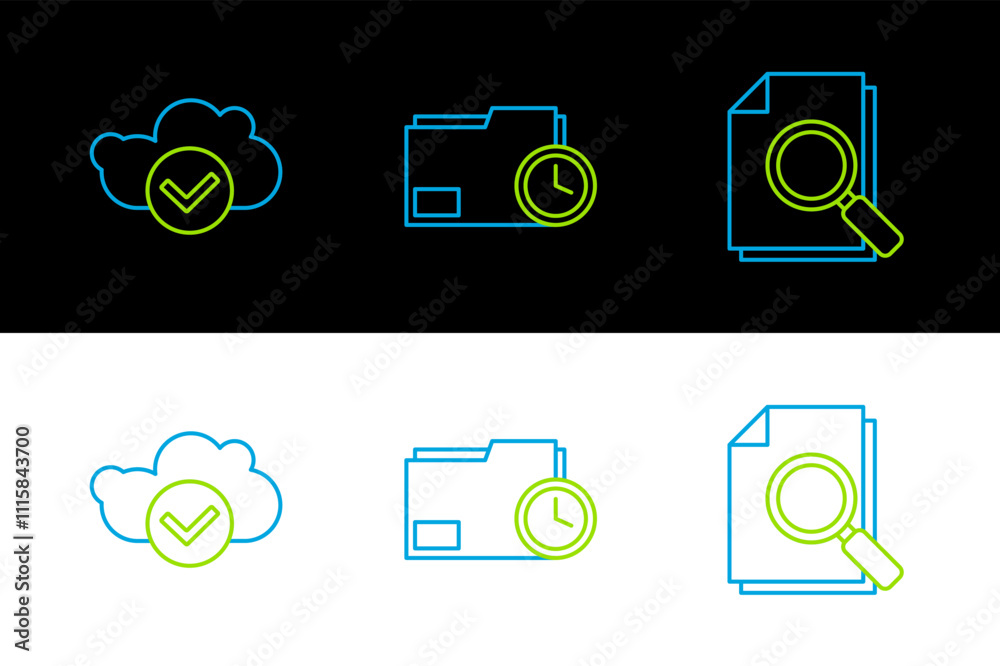 Poster set line document with search, cloud check mark and folder clock icon. vector