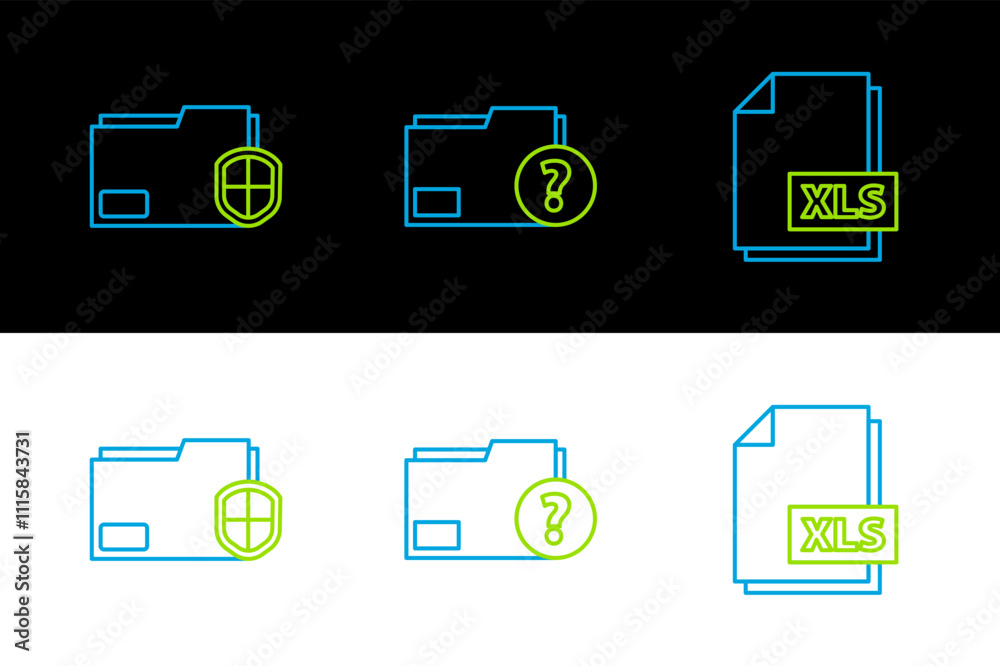 Poster set line xls file document, document folder protection and unknown icon. vector