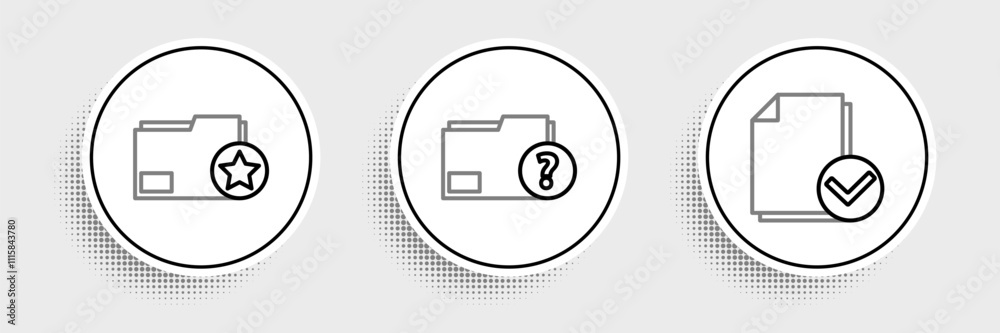 Poster set line document and check mark, folder with star and unknown document icon. vector