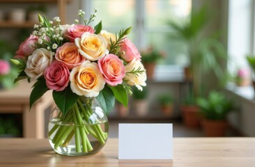 Obraz premium Mock up for a flower shop: a delicate bouquet in pastel colors in a small neat vase on the table, next to it an empty white card for text. Florist shop, flower business