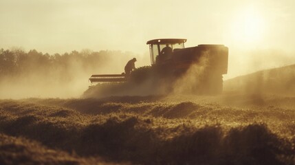 Naklejka premium Silhouetted farmer operating combine harvester in dusty field at sunset