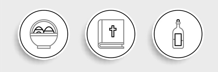 Obraz premium Set line Bottle of wine, Basket with easter eggs and Holy bible book icon. Vector