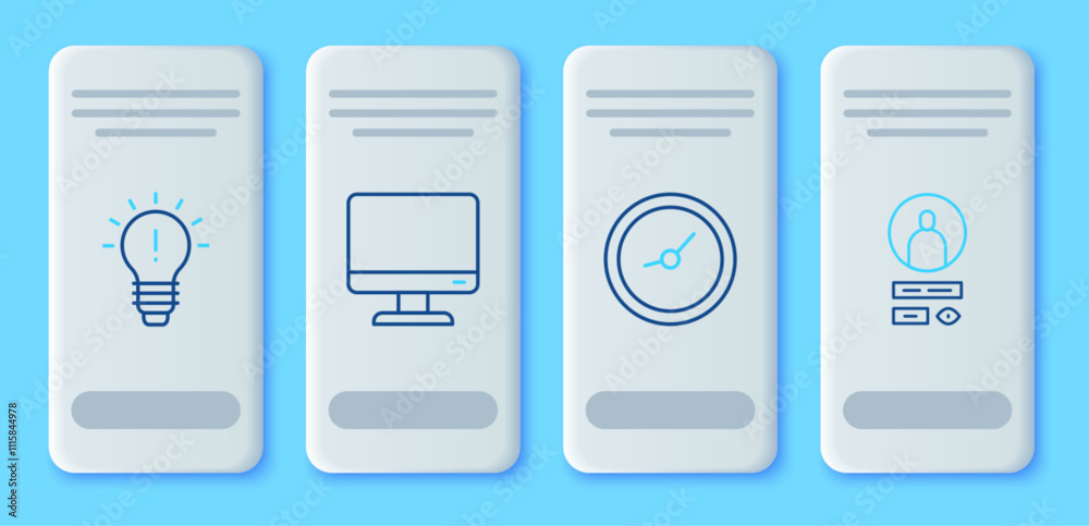 Poster set line computer monitor screen, clock, light bulb with concept of idea and create account icon. ve