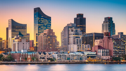 Obraz premium Cityscape downtown at Twilight, from the top of tower, Panorama view. many building with blue sky. abstract background. 