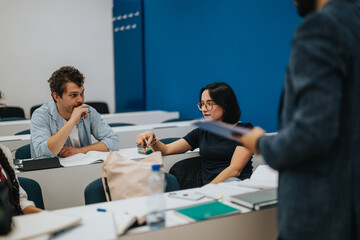 Diverse group of students participating in an interactive class, sharing ideas and working collaboratively in a modern educational setting. Focused on engagement and learning in an academic
