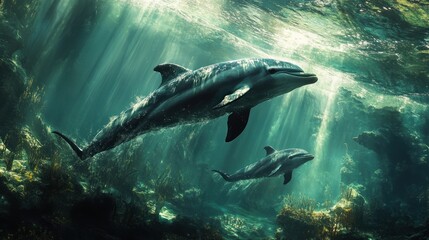 Fototapeta premium Two dolphins swim through a sunlit underwater scene.