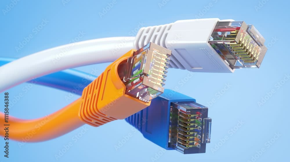 Poster Internet network connectors rj45 and ethernet cables of various colors. 3d video animation