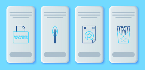 Set line Indian feather, Calendar with date July 4, Vote box and Potatoes french fries in icon. Vector