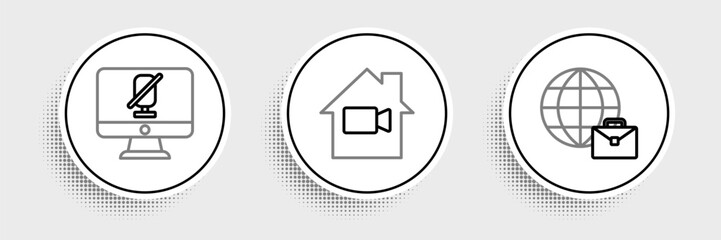 Set line Online working, Mute microphone on computer and Video camera Off home icon. Vector