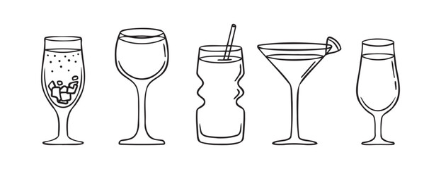 Cocktails doodle hand drawn icon set. Outline drawing cocktails line clipart symbol. Black and white sketch.