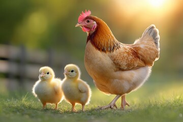 Fototapeta premium A hen stands proudly with two fluffy chicks in a sunlit meadow, showcasing the warmth of nature and family bonds.