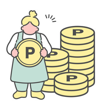 recommend clip art: ポイ活でポイントをたくさんゲットしたシンプルな線画女性　イラスト
