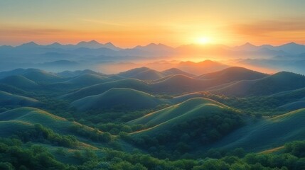 Fototapeta premium Majestic sunrise over rolling green hills and misty mountains.