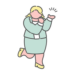 案内・説明をするシンプルなスーツ姿の線画女性　イラスト