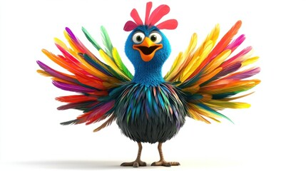 Obraz premium A cartoon turkey with exaggerated colorful feathers, looking quirky and fun, perfect for seasonal celebrations, isolated on white