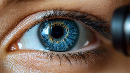 Fototapeta premium A close-up shot of a striking blue eye, set against a blurred background, likely depicting an eye examination with a medical device in focus around the eye.