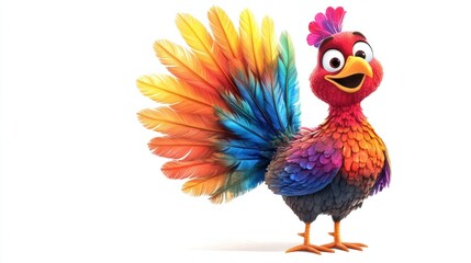 Obraz premium A cheerful cartoon turkey with a bright and colorful feather fan, standing proudly in a festive pose, isolated on white