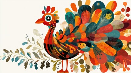 Fototapeta premium A cheerful cartoon turkey with bold and vibrant autumn hues in its feathers, creating a festive vibe, on white