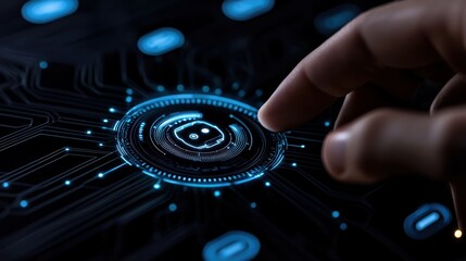 A close-up of a hand touching a digital interface, featuring glowing circuits and buttons, symbolizing advanced technology and interaction.