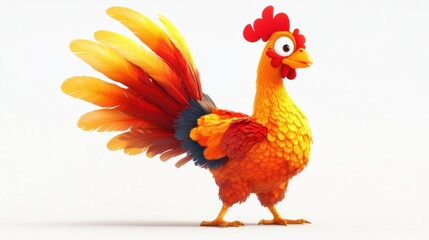 Fototapeta premium A cheerful turkey cartoon with bright orange, red, and yellow feathers, standing in a festive pose, on white