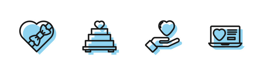 Set line Heart in hand, Candy heart shaped box, Wedding cake with and Dating app online icon. Vector